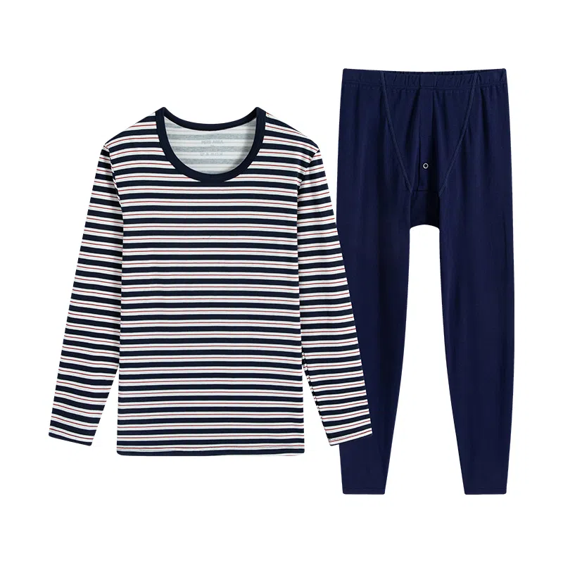 贴身领域 纯棉青少年秋衣条纹薄款可外穿长袖长裤内衣保暖套装 男款
