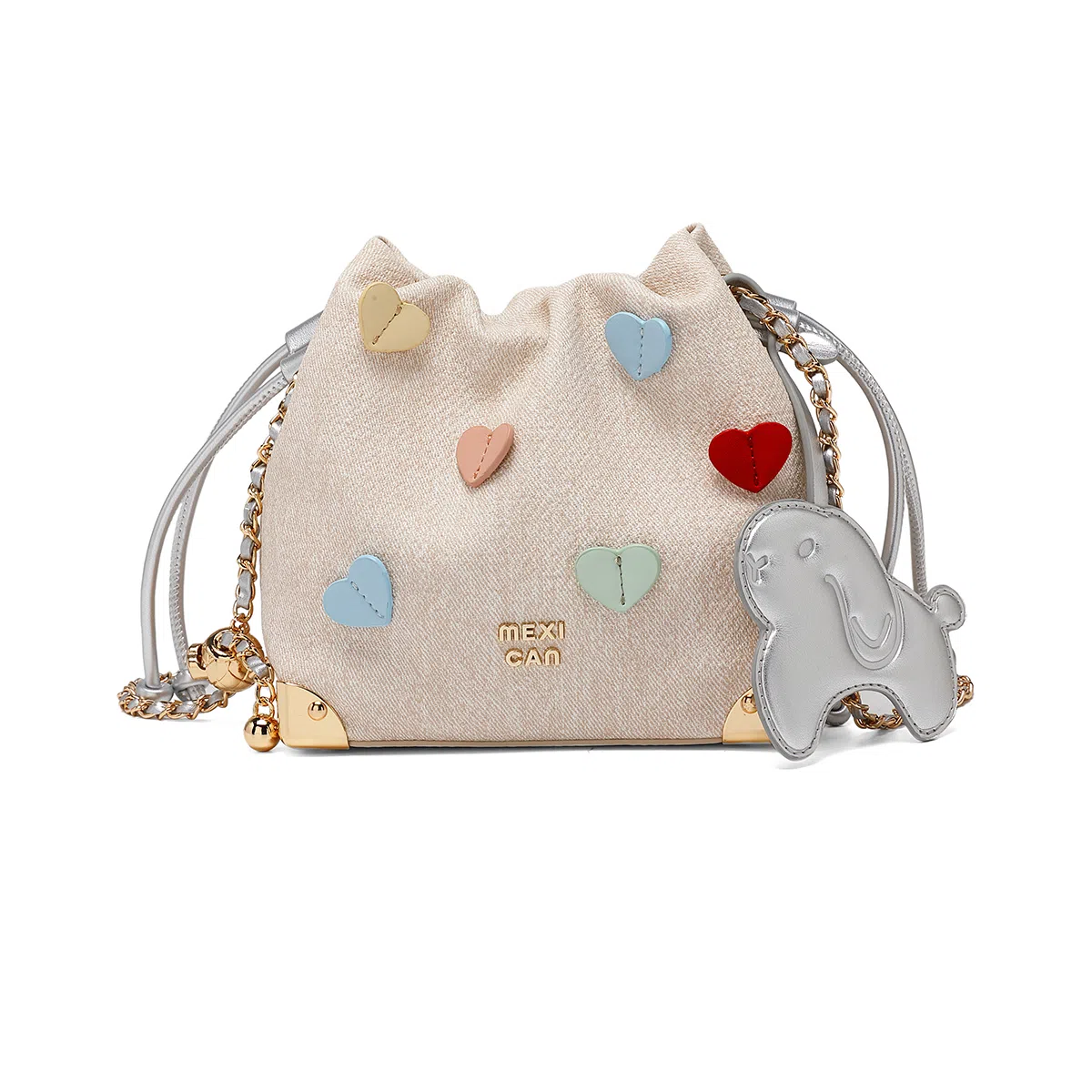 稻草人 多彩浪漫爱心 可爱少女小狗挂件抽绳开合 聚氨酯革 水桶包链条包斜挎包单肩包腋下包 小号 女款 米杏/银色