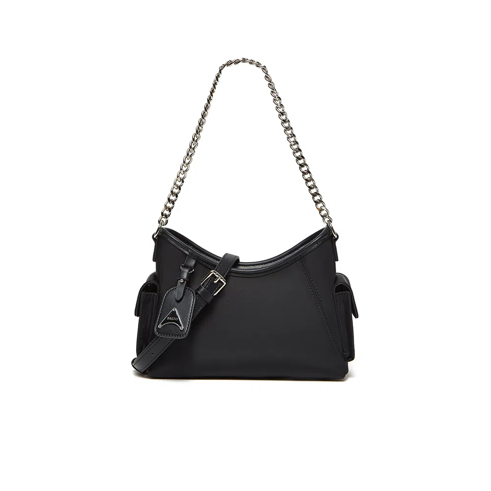 百思图 时尚潮流经典百搭日常出街外出旅行简约大气上班通勤链条设计可调节肩带 光滑 斜挎包 中号 女款 杏配棕/黑色/蓝配棕