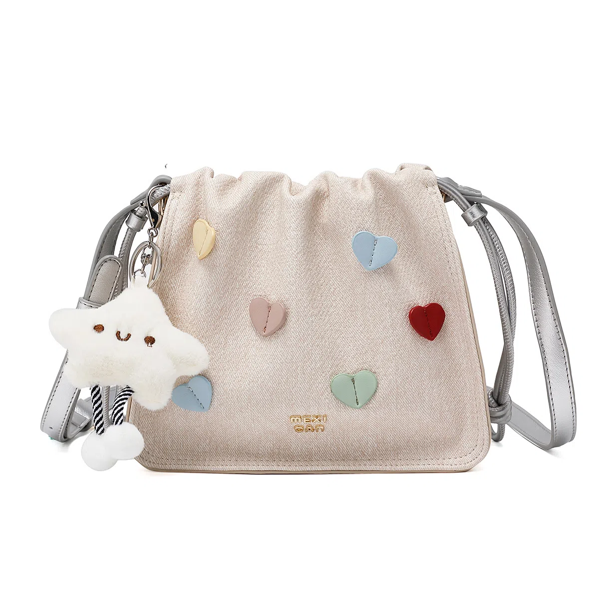 稻草人 浪漫多彩爱心 可爱少女毛绒挂件抽绳开合 聚氨酯革 小方包斜挎包单肩包腋下包 小号 女款 杏色/银色