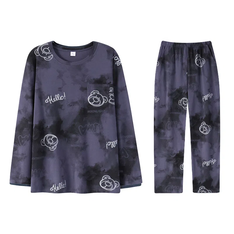 俏霓桐 简约亲肤舒适卡通套头长袖时尚休闲可外穿长裤睡衣套装 男款 图色