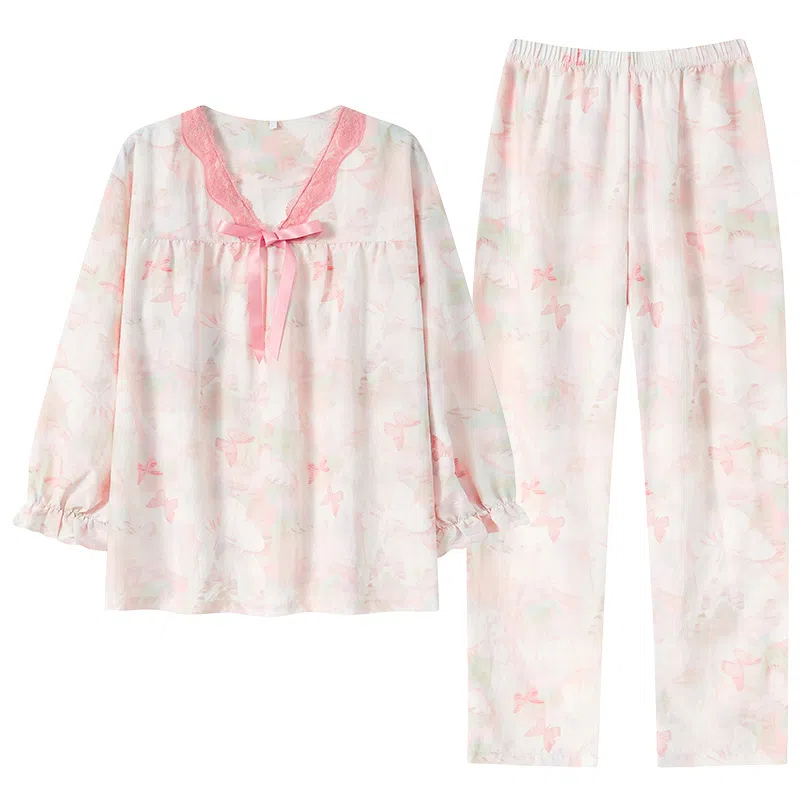 草本初色 简约亲肤舒适套头长袖甜美可爱休闲可外穿长裤睡衣套装 女款 图片色