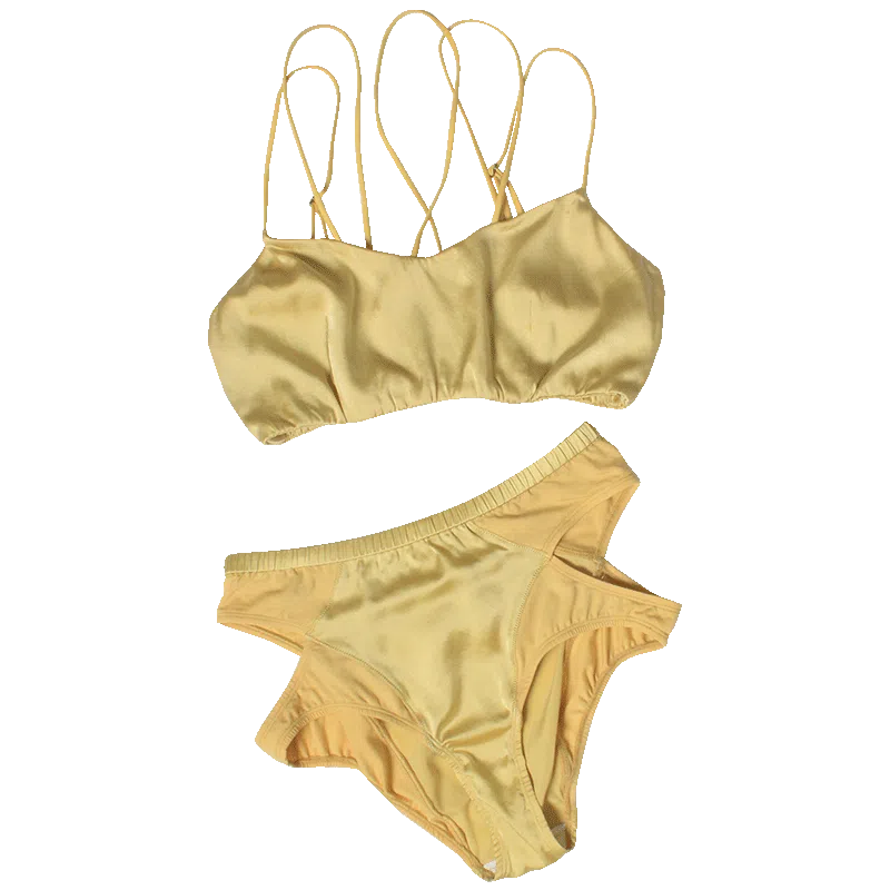 桑罗 无钢圈真丝文胸弹力不对称内裤内衣裤套装 女款 芥末黄