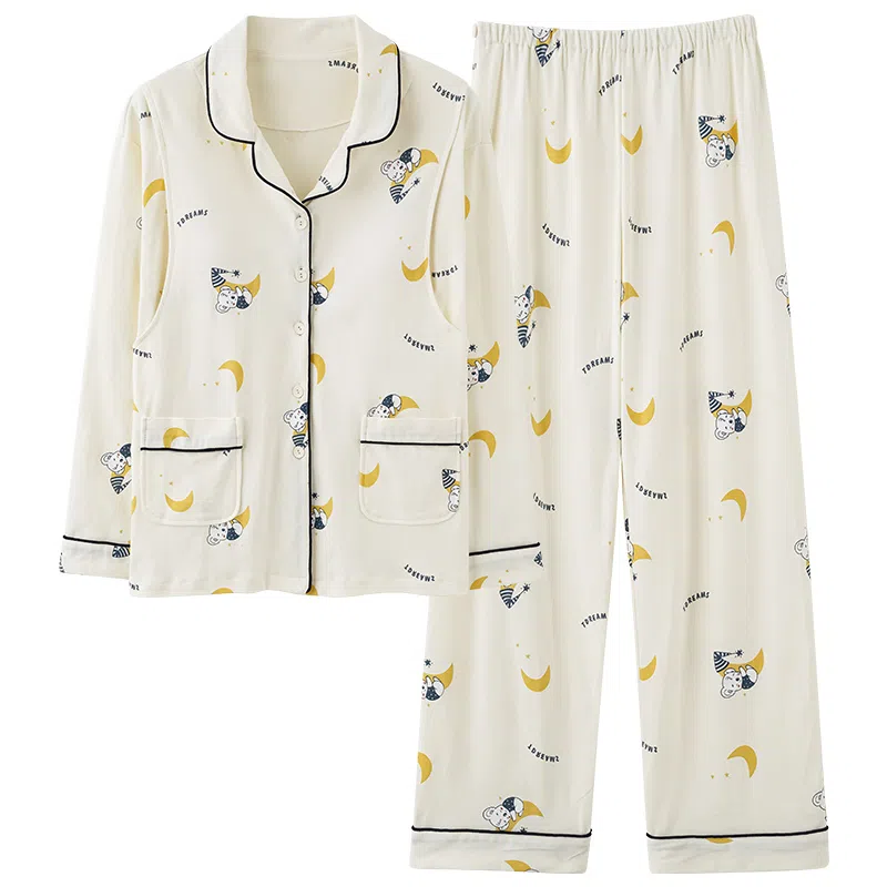 莫代尔 简约舒适柔软透气吸湿排汗亲肤开衫长袖长裤家居服可外穿睡衣套装 女款 白色