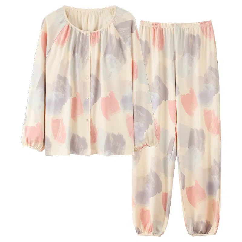 莫代尔 舒适轻盈透气耐磨吸汗细腻柔软亲肤居家可外穿开衫长袖长裤睡衣套装 女款 杏色