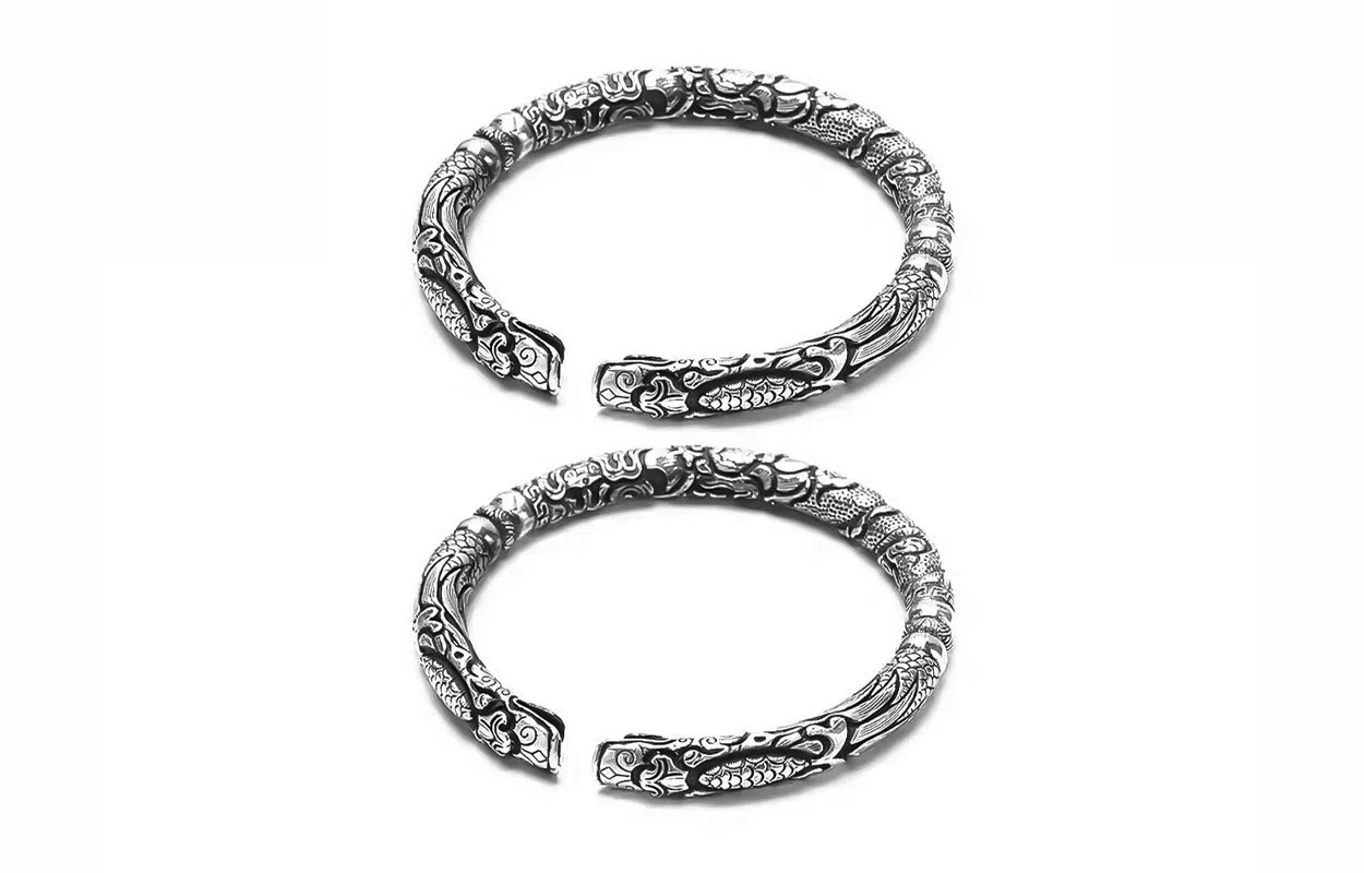 牧言 国潮复古做旧中式民族风简约小众设计高级感 立体十二生肖龙双响龙纹开口手饰 合金 双龙头手镯 男款