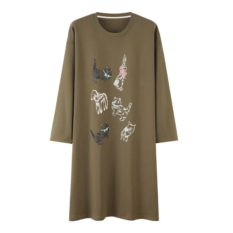 莫代尔 透气舒适细腻柔软亲肤带胸垫防凸点居家可外穿长袖睡裙 女款 棕绿色