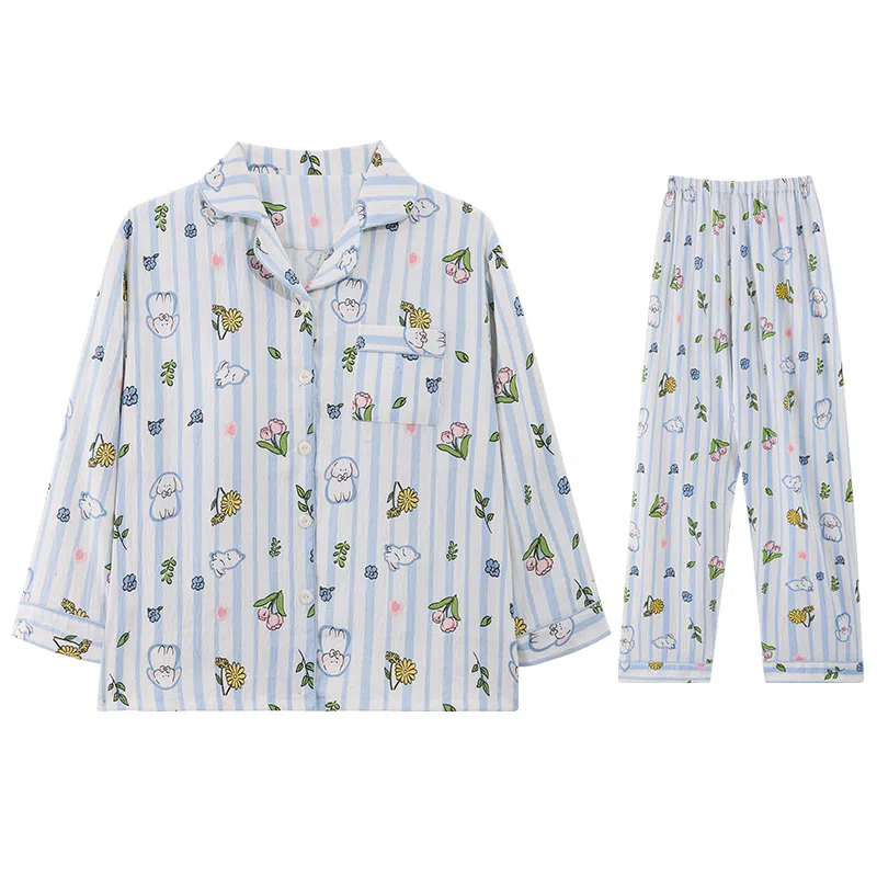 兰缪 带胸垫舒适透气长袖长裤家居服睡衣套装 女款 图色