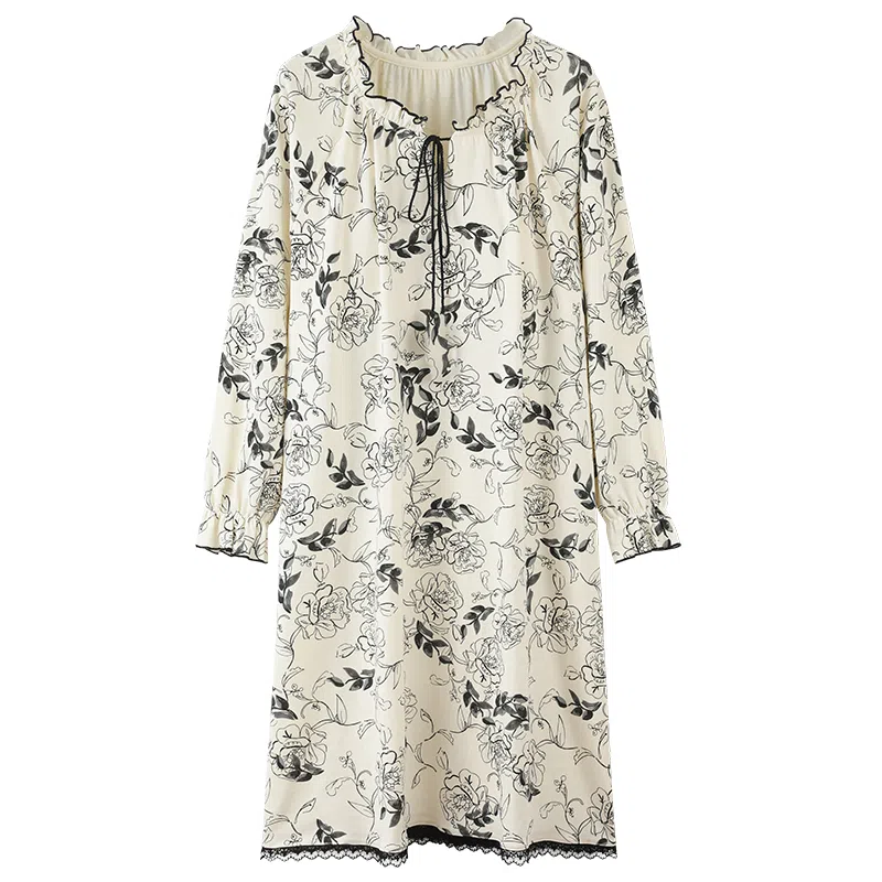 莫代尔 舒适透气轻盈耐磨吸汗细腻柔软亲肤带胸垫防凸点居家可外穿长袖睡裙 女款 乳白色