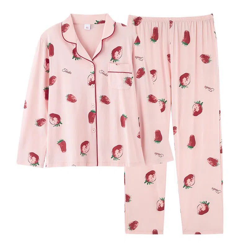 歌倩雅 简约亲肤舒适满印翻领开衫长袖甜美可外穿长裤睡衣套装 女款 粉红色