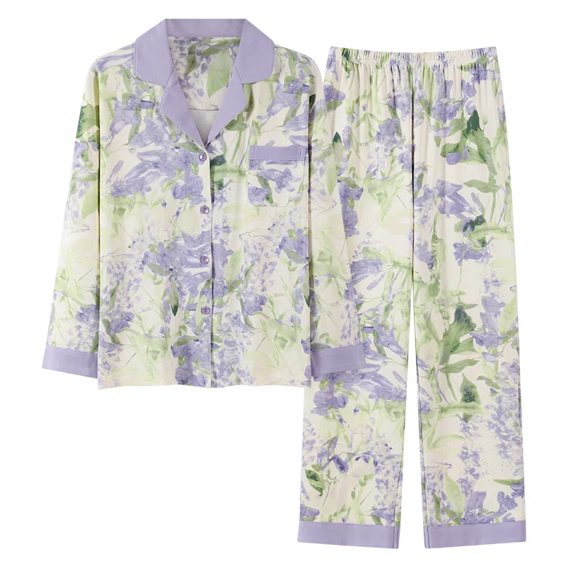 莫代尔 舒适亲肤开衫翻领长袖长裤韩版满印甜美时尚家居服可外穿睡衣套装 女款 杏色