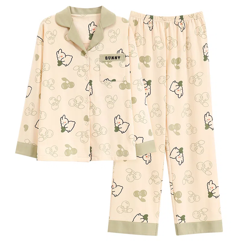 莫代尔 亲肤舒适开衫翻领长袖长裤甜美满印卡通兔可外穿睡衣套装 女款 杏色