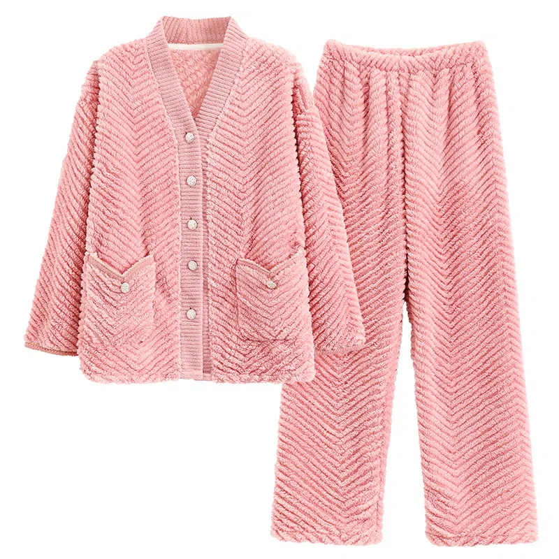 莫代尔 亲肤保暖开衫纯色家居服可外穿睡衣套装 女款 粉色