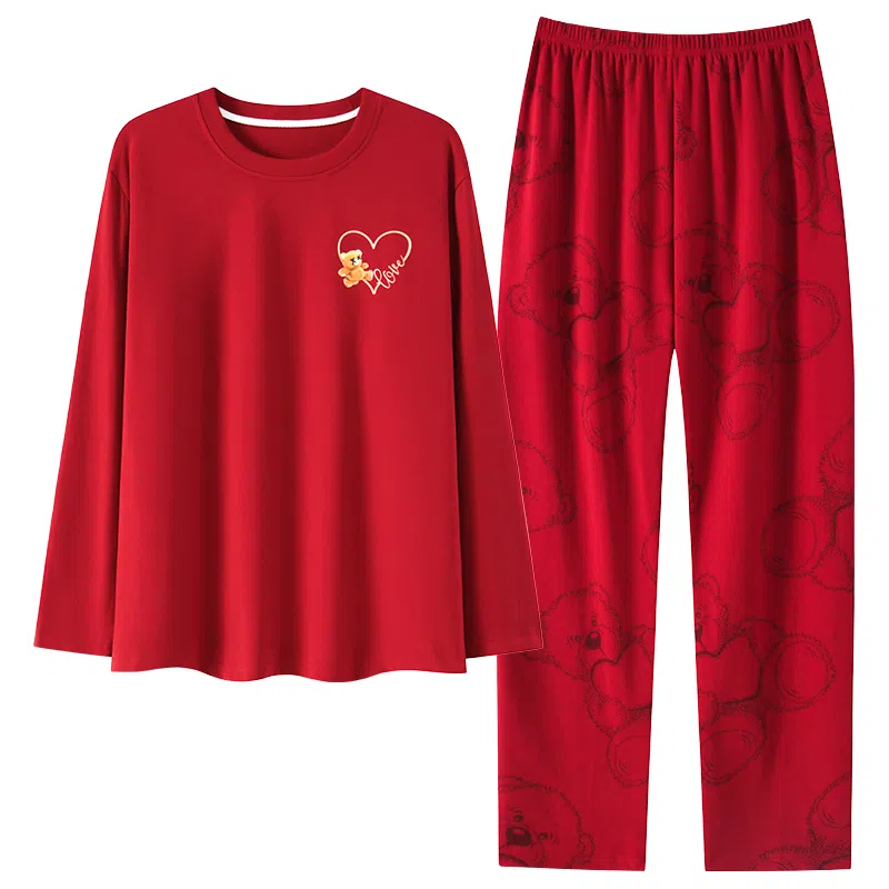 莫代尔 喜庆时尚潮流柔软青春轻薄亲肤舒适套头长袖长裤可外穿睡衣套装 男款 红色