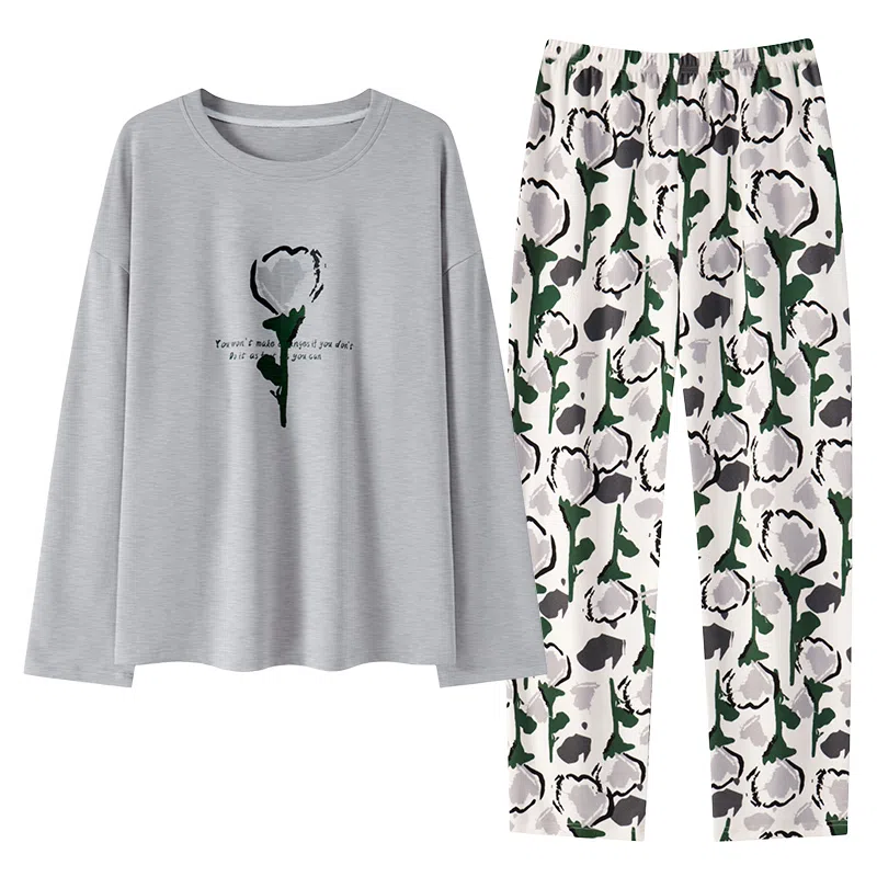 莫代尔 简约时尚休闲柔软青春活力亲肤耐磨透气防凸点带胸垫圆领长袖不勒腹长裤睡衣套装 女款 灰色