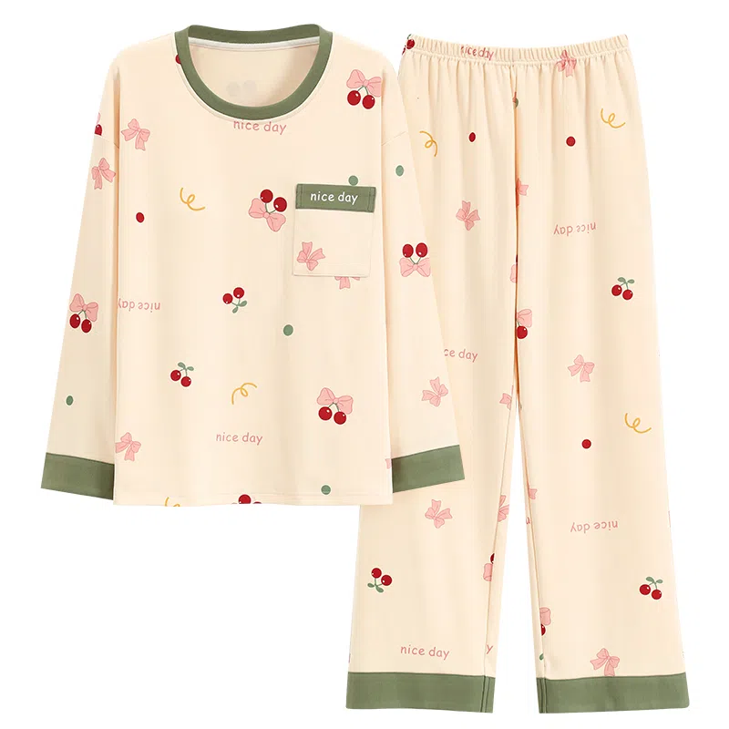 莫代尔 亲肤舒适套头圆领长袖蝴蝶结满印长裤卡通樱桃时尚家居服可外穿睡衣套装 女款 杏色