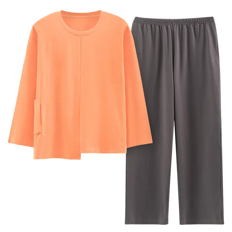 莫代尔 亲肤舒适套头圆领长袖长裤家居服可外穿睡衣套装 女款 桔红色