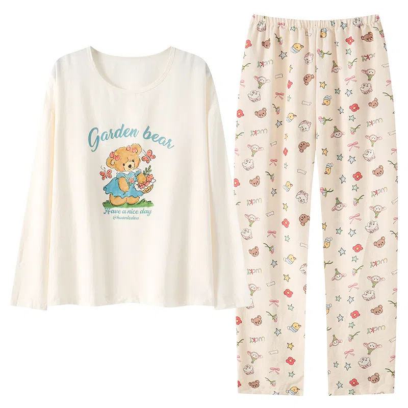 莫代尔 简约时尚耐磨透气亲肤免穿文胸圆领套头长袖长裤睡衣套装 女款 白色