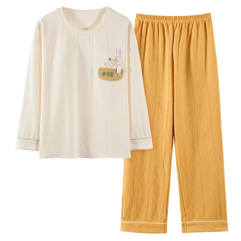 莫代尔 圆领简约舒适卡通长袖上衣松紧腰长裤睡衣套装 女款 杏色