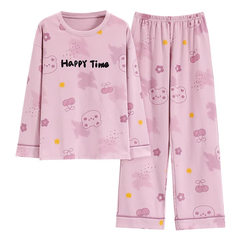 莫代尔 亲肤带胸垫防凸点套头圆领长袖长裤韩版卡通熊满印可外穿睡衣套装 女款 香芋紫