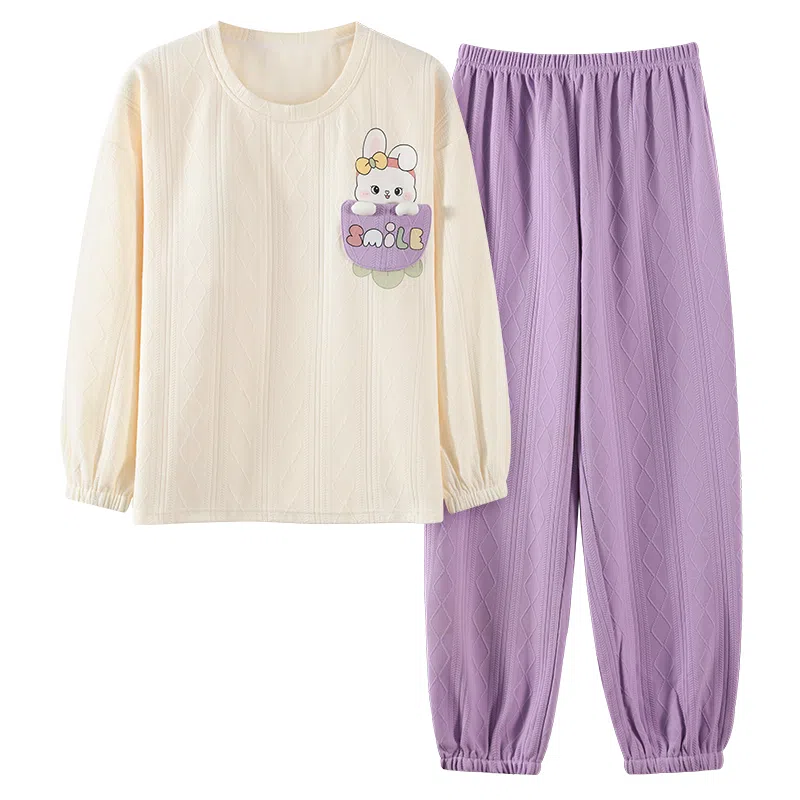 莫代尔 亲肤柔软微弹耐磨吸湿排汗细腻舒适带胸垫防凸点长袖长裤居家休闲可外穿睡衣套装 女款 杏色