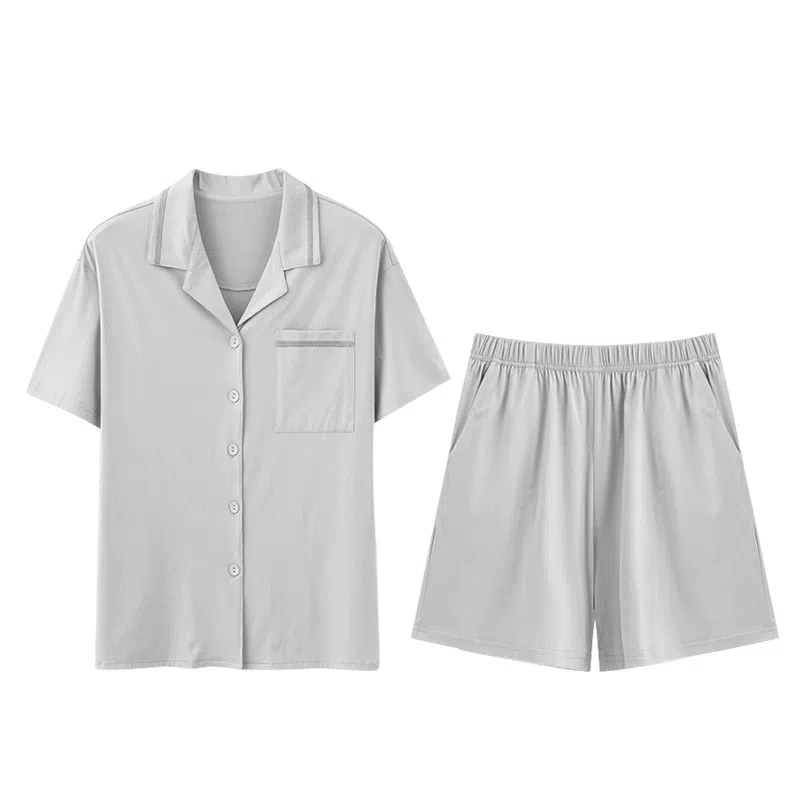 欧迪芬 短袖开衫翻领纯色简约透气睡衣套装 男女同款 灰色