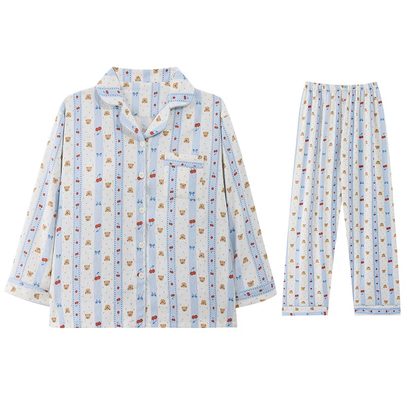 兰缪 甜美带胸垫一体休闲长袖长裤可外穿家居服睡衣套装 女款 图色