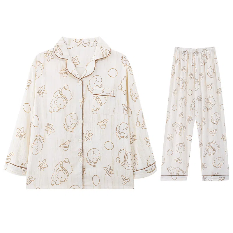 兰缪 甜美带胸垫一体休闲长袖长裤可外穿家居服睡衣套装 女款 图色