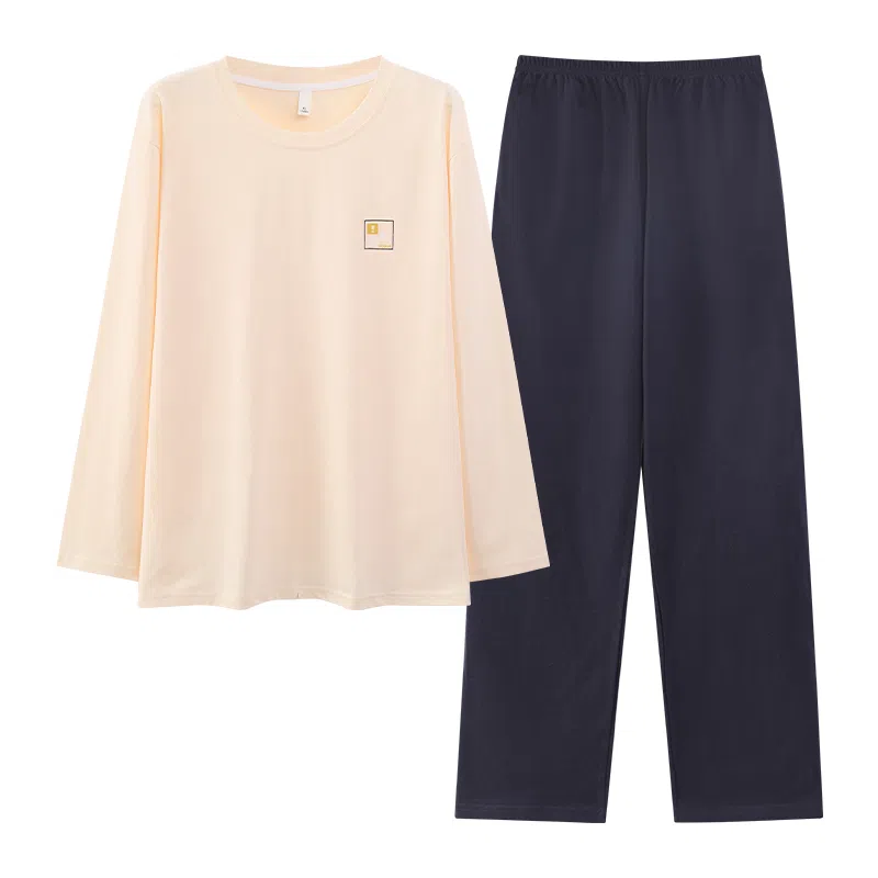 莫代尔 舒适亲肤时尚圆领套头长袖长裤可外穿素色睡衣套装 男款 杏色