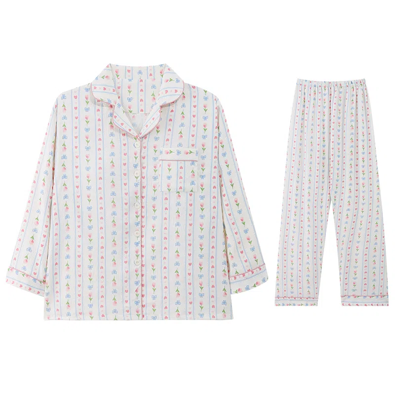 兰缪 甜美带胸垫一体休闲长袖长裤可外穿家居服睡衣套装 女款 图色