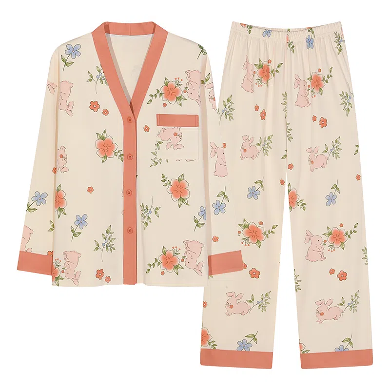 莫代尔 亲肤带胸垫防凸点舒适长袖长裤开衫和服领花卉满印甜美家居服可外穿睡衣套装 女款 杏色