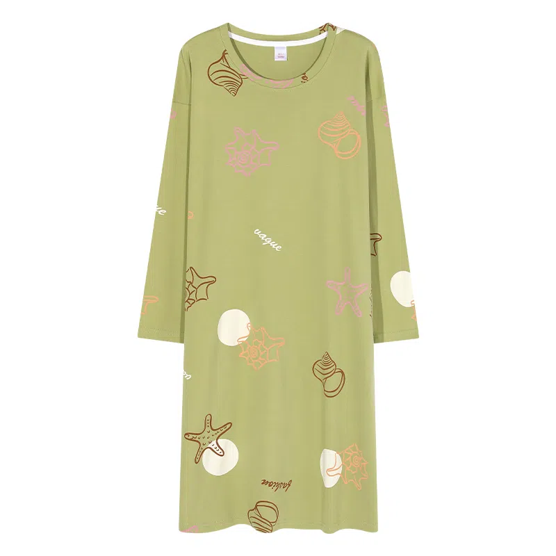 歌倩雅 纯棉长袖中长款睡裙 女款 绿色