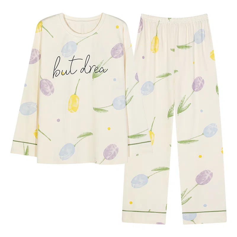 莫代尔 亲肤带胸垫防凸点舒适长袖长裤套头圆领卡通花卉满印可外穿睡衣套装 女款 杏色