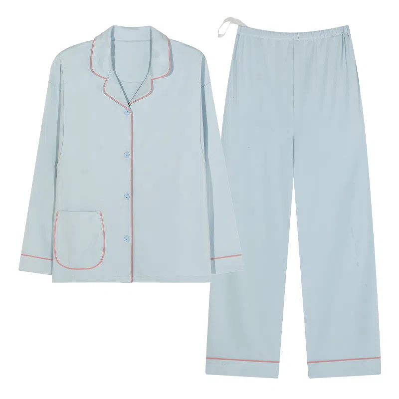 莫代尔 亲肤舒适开衫翻领隐蔽哺乳口长袖可调节裤腰长裤孕妇月子服素色睡衣套装 女款 浅蓝色