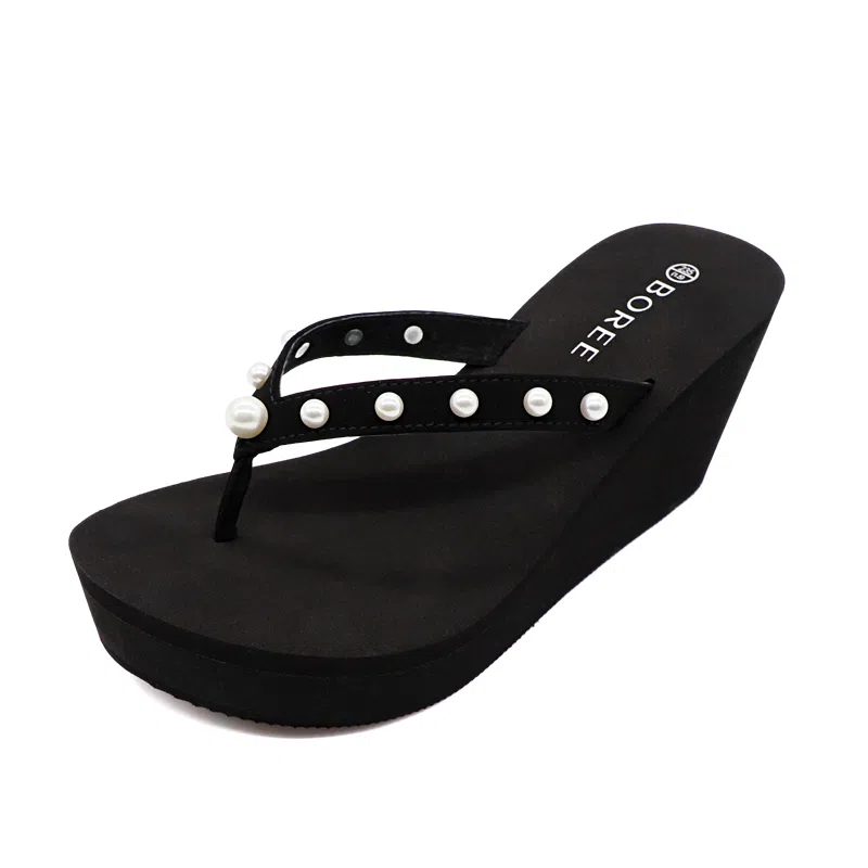 宝人 坡跟外穿珍珠装饰增高人字拖鞋 女款 黑色
