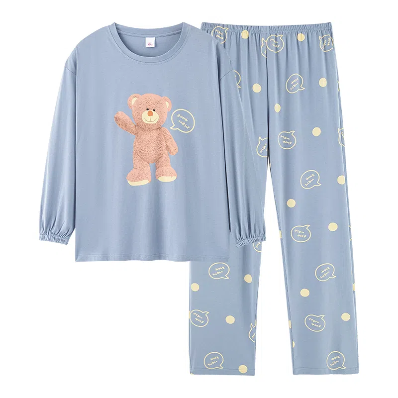 歌倩雅 纯棉长袖可爱小熊简约舒适睡衣套装 女款 图色