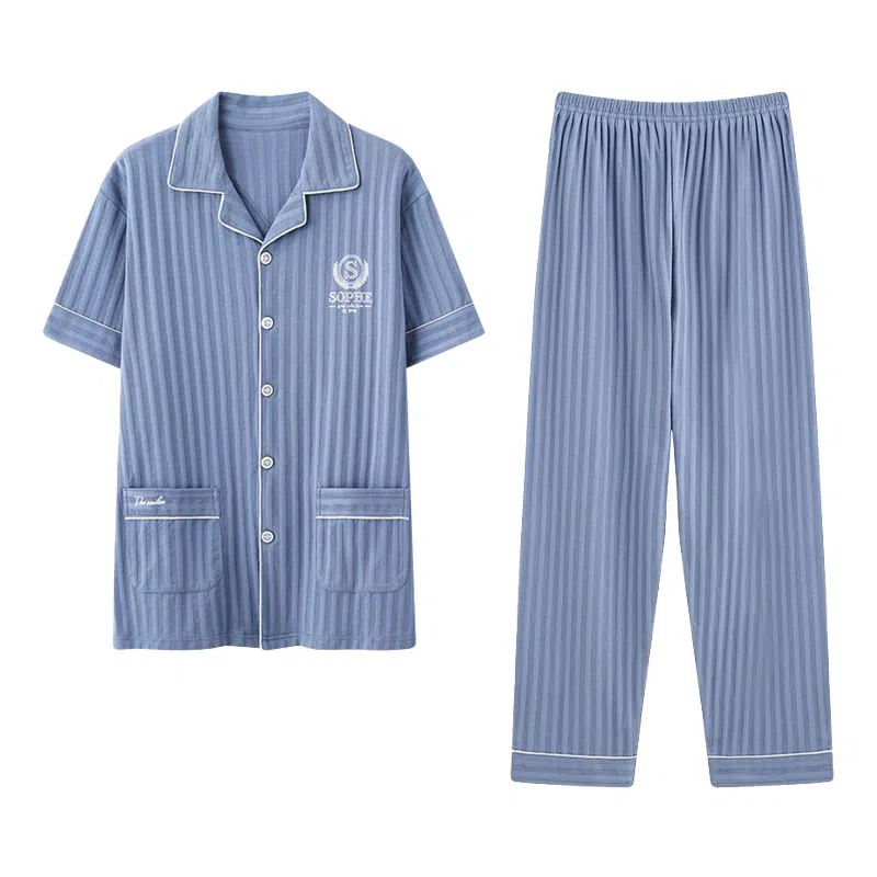 欧迪芬 柔软舒适透气亲肤短袖长裤条纹简约纯色双口袋开衫翻领可外穿睡衣套装 男款 蓝色