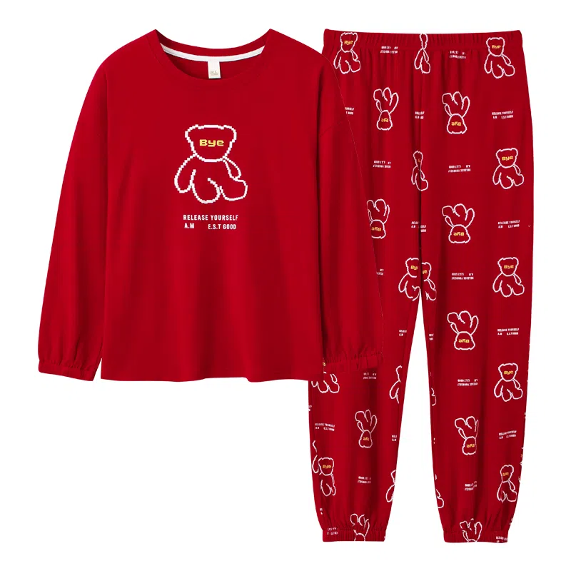 歌倩雅 可爱卡通长袖小熊学生睡衣套装 女款 红色