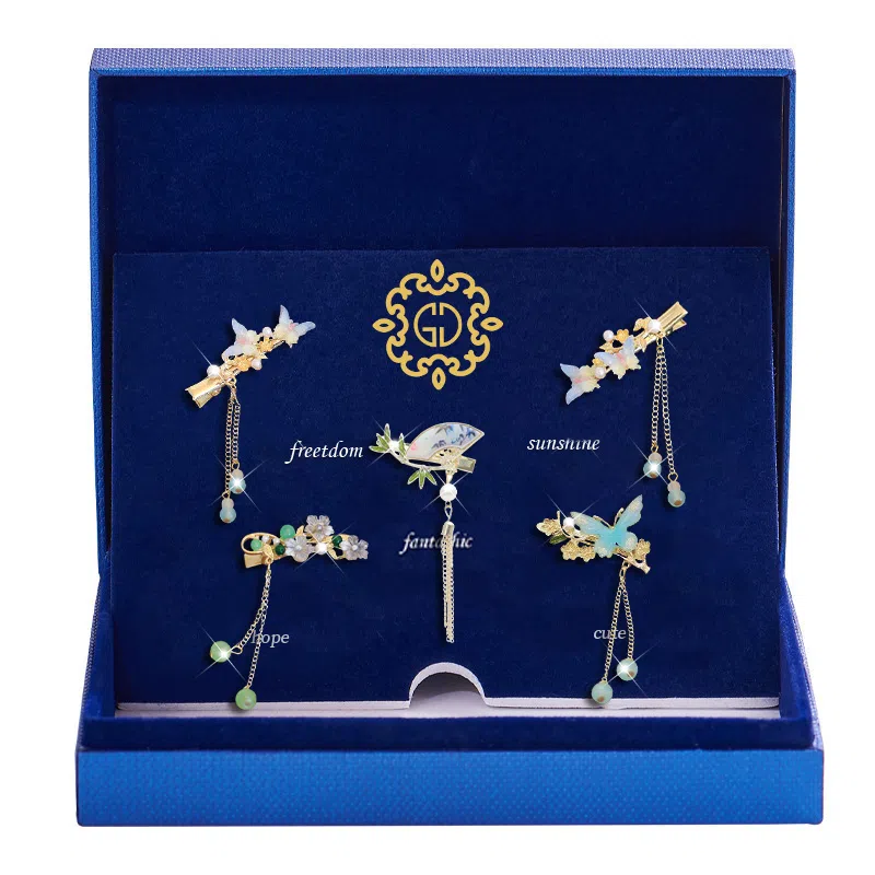 妖娆猫 古风流苏蝴蝶后脑勺侧边刘海一字夹新中式水墨画竹叶扇子鸭嘴夹气质前额边夹 合金 发夹 女款