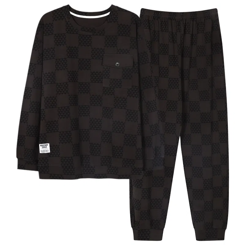 莫代尔 圆领长袖宽松休闲春秋睡衣套装 男款 灰黑色