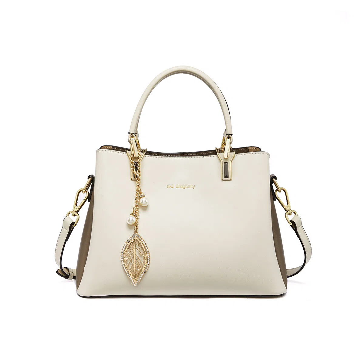 红蜻蜓 时尚百搭树叶吊饰小众拼接撞色 牛皮/超细纤维合成革 手提包斜挎包 女款 米白色