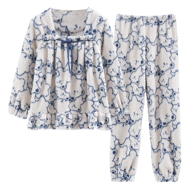 花季的故事 韩版卡通耐磨保暖亲肤透气舒适长袖长裤可外穿家居服睡衣套装 女款 白色