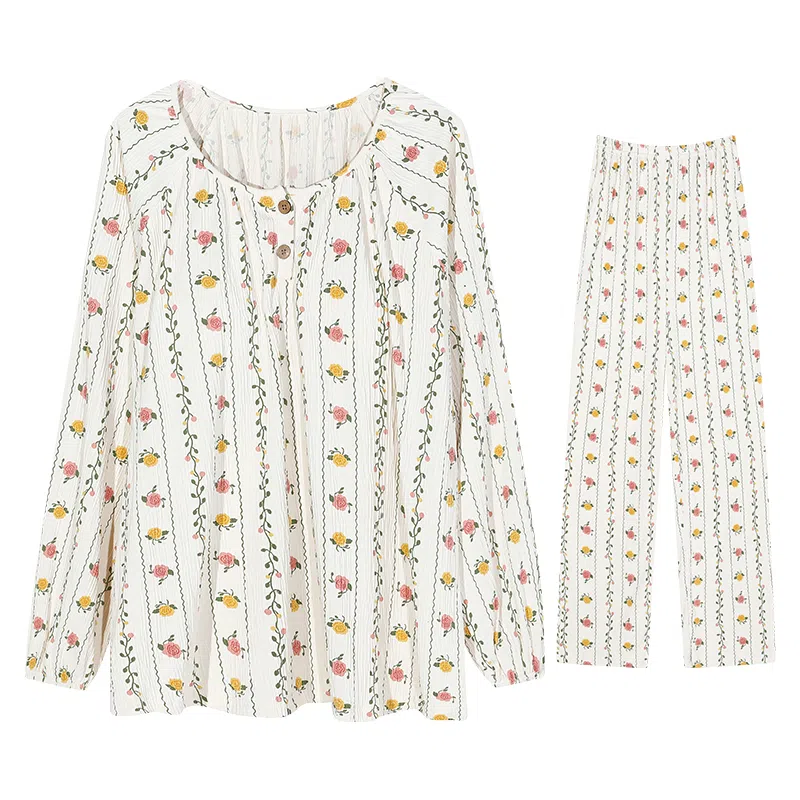 兰缪 皱布带胸垫一体圆领套头长袖长裤可爱甜美睡衣套装 女款 白色