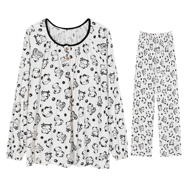 兰缪 圆领套头可爱甜美皱布带胸垫一体长袖长裤睡衣套装 女款 白色