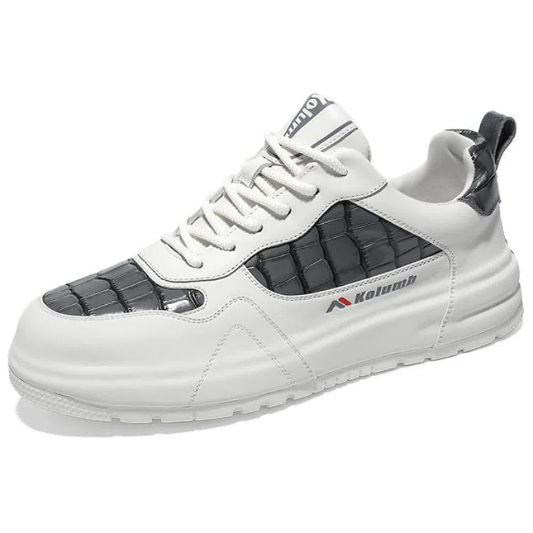 哥仑步 头层牛皮 舒适百搭 减震防滑 低帮 板鞋 男款 白灰色