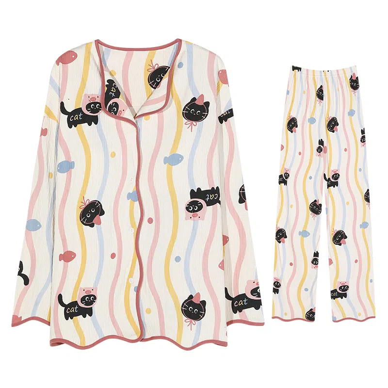 兰缪 可爱甜美带胸垫一体开衫长袖休闲可外穿长裤睡衣套装 女款 图片色