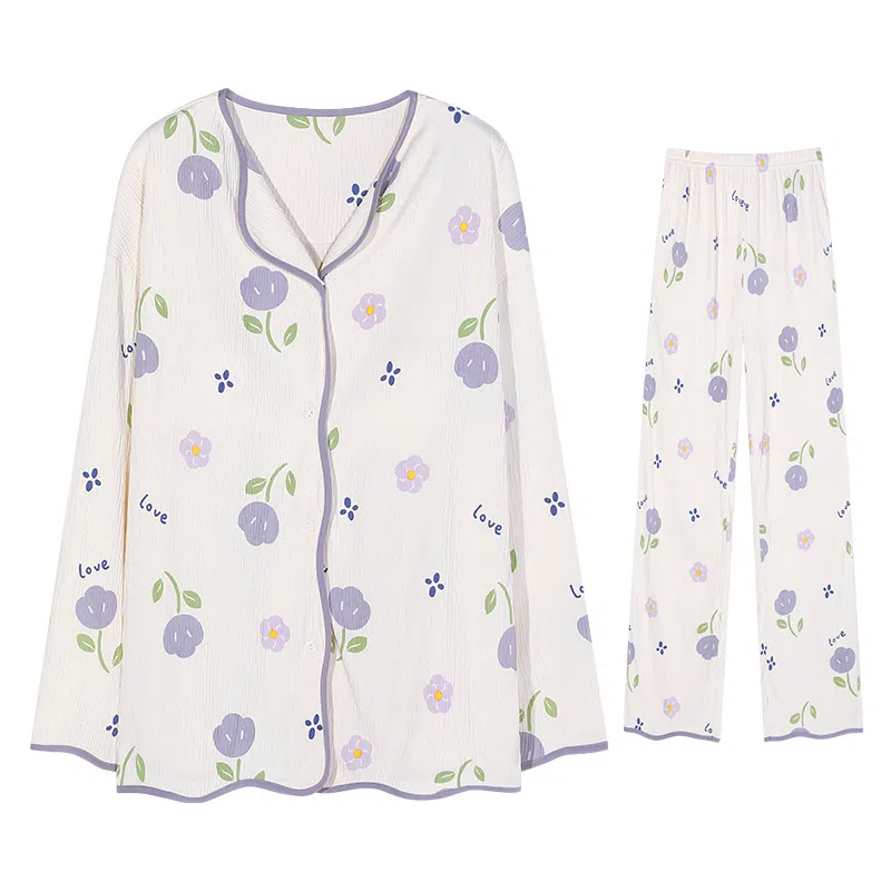 兰缪 简约亲肤可爱甜美带胸垫一体开衫长袖休闲可外穿长裤睡衣套装 女款 图片色