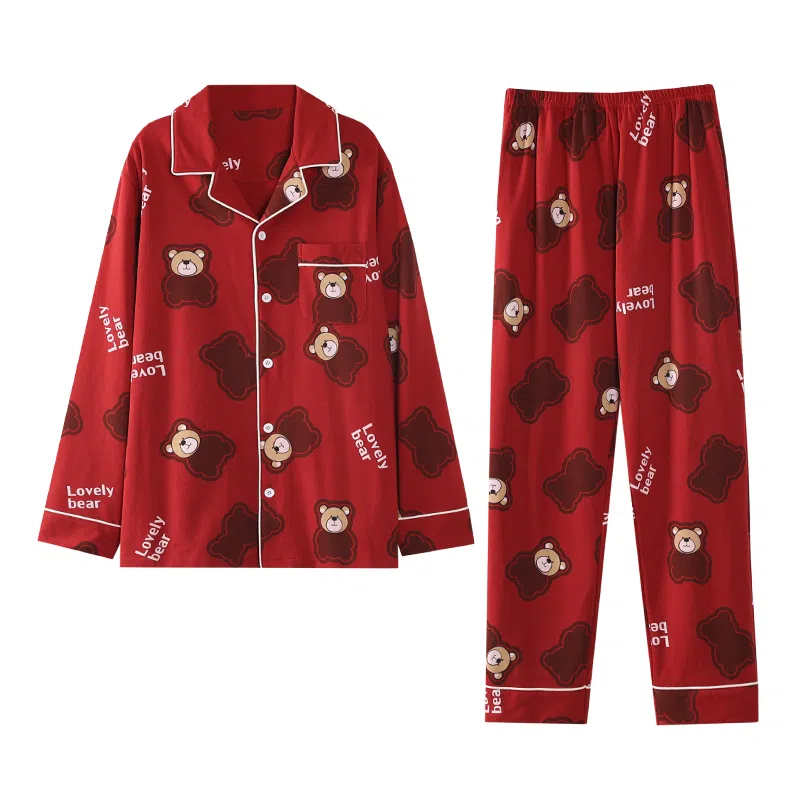 莫代尔 透气舒适亲肤长袖长裤睡衣套装 女款 红色