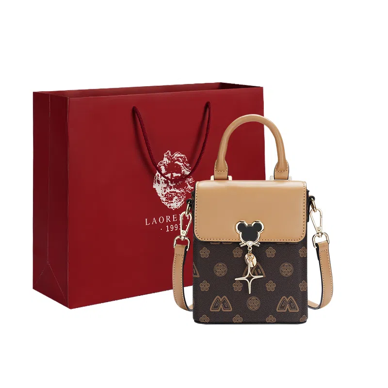 老人头 迷你小包包实用轻便散步装放手机的复古夏天时尚百搭 合成革 斜挎包 女 咖啡色杏色