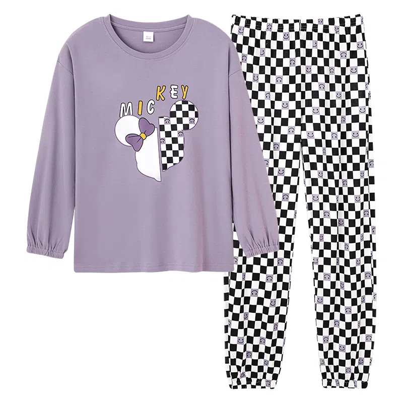 歌倩雅 卡通字母圆领上衣格子厚款透气长裤睡衣套装 女款 紫色